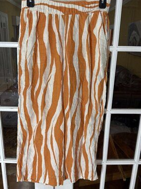 Rachel Zoe Orange White Zebra Stripe 100% Linen Wide Leg Crop Pant Womens Medium